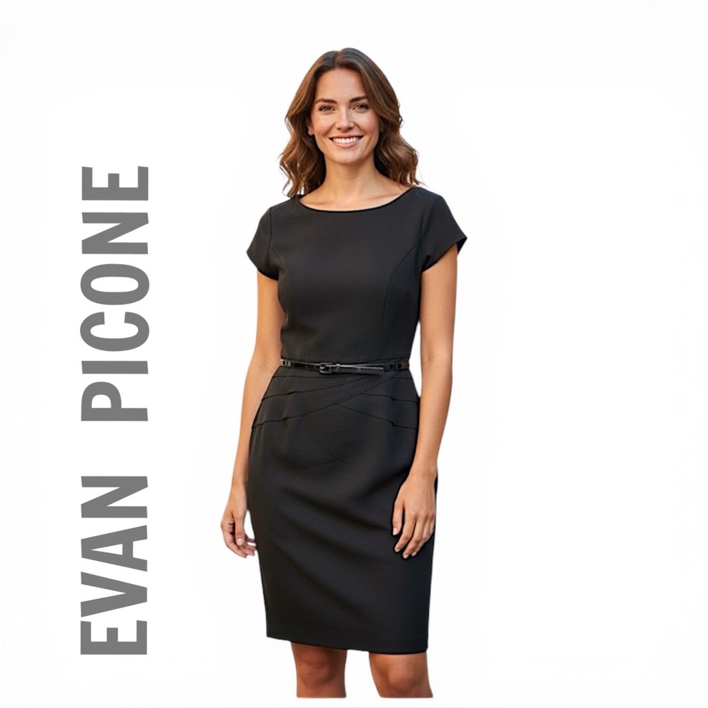 EVAN PICONE Black Cap Sleeve Dress with black patent belt SZ 6